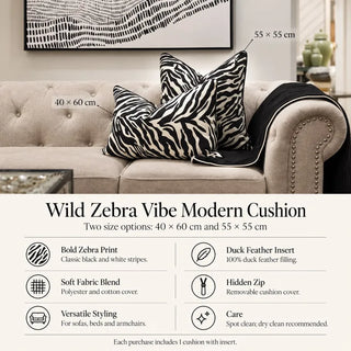 Wild zebra vibe modern cushion 40cm x 60cm and 55cm x 55cm on beige chesterfield sofa