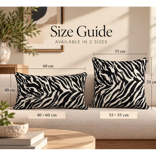 Wild zebra vibe modern cushion size guide 40cm x 60cm and 55cm x 55cm