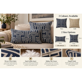 Woven velvet modern cushion navy and gold size guide 40cm x 60cm and 55cm x 55cm