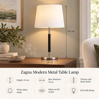 Zagna modern metal table lamp 54cm height and 18cm base specifications with b22 fitting