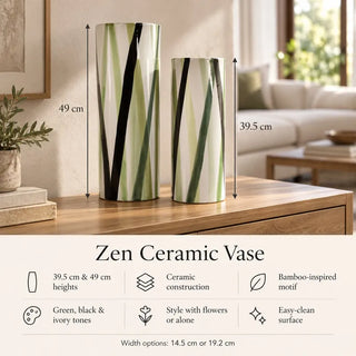 Zen ceramic vase size guide 39.5cm and 49cm heights on oak sideboard