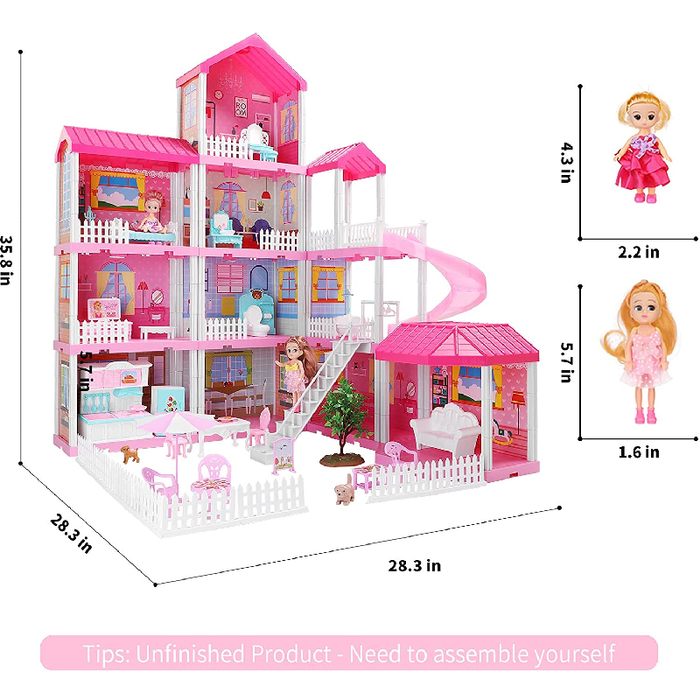 4-level Large Mansion Dreamhouse Castle Doll House Palace Toy Set with Dolls & Furniture