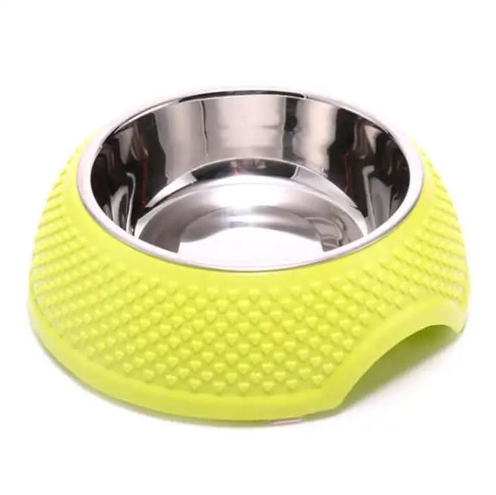 The heart-adorned exterior of stainless steel pet bowls