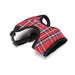 Elegant red and beige checked harness embracing a joyful pup
