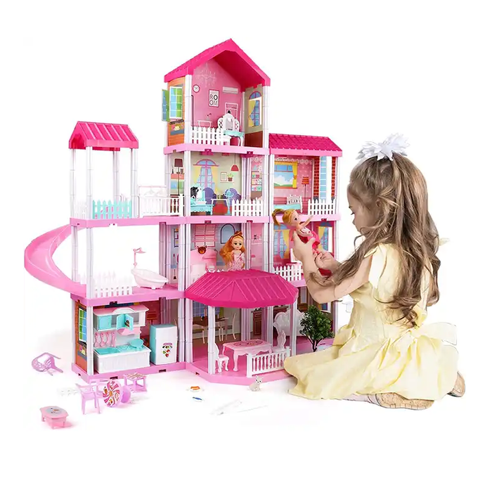 4-level Large Mansion Dreamhouse Castle Doll House Palace Toy Set with Dolls & Furniture