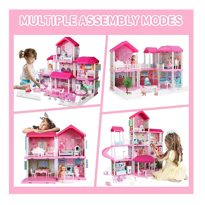 4-level Large Mansion Dreamhouse Castle Doll House Palace Toy Set with Dolls & Furniture