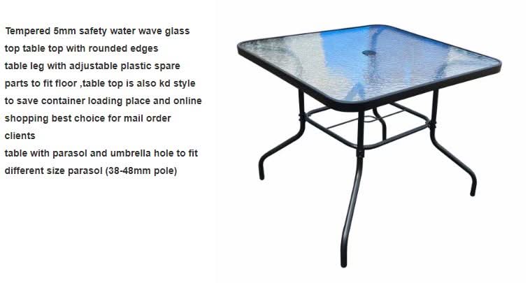 Elegant glass-top table from the Alfresco outdoor dining set, built for durability and style